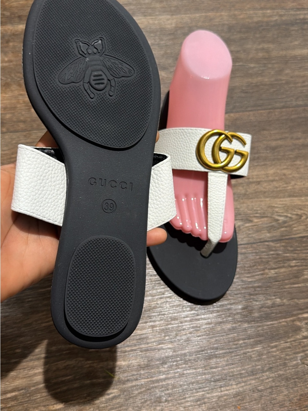 Gucci White Leather Gold GG Thong Sandals
